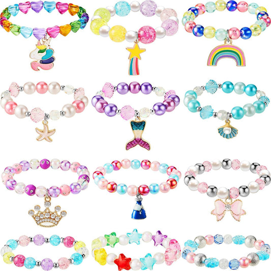 12 Pieces Unicorn Bracelet Mermaid Bracelet Princess Beaded Bracelets Rainbow Bracelets Girls Bow Bracelet Colorful Bracelet for Birthday Party Favors Pretend Play Bracelet